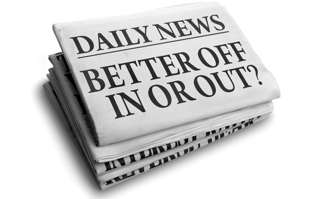 Daily news newspaper headline reading better off in or out concept for referendum or vote to stay or leave